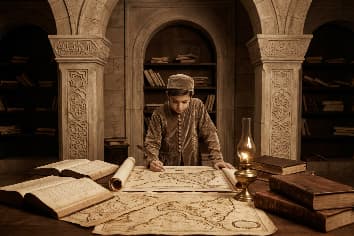 Young Ottoman prince Mehmed II studying maps